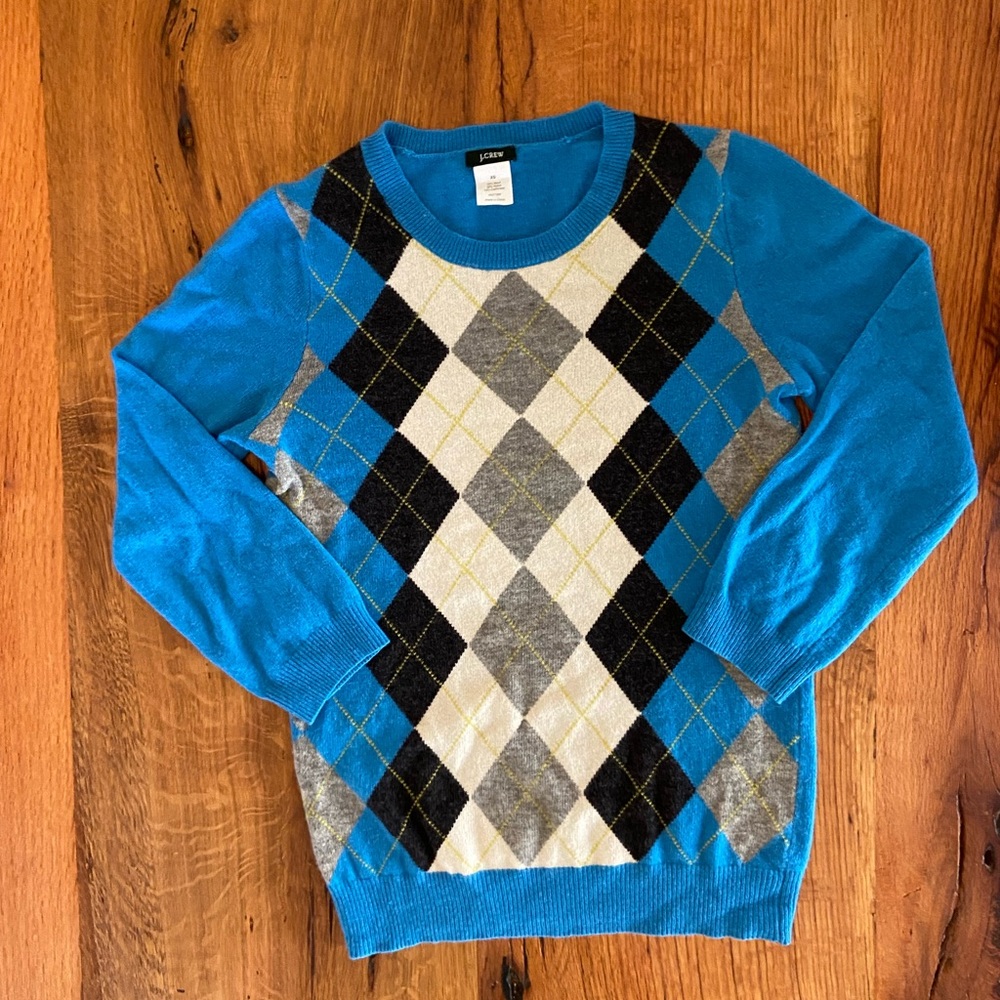 J. Crew Classic Crew Neck Sweater in Fun Harlequin Pattern, Size XS